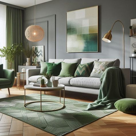 Modern Dark Green Living Room Gold And Green Living Room, Grey And Green Living Room, Dark Green Living Room Ideas, Gray Sofa Living Room Ideas, Gray Sofa Living Room, Green Living Room Ideas, Gray Sofa Living, Dark Green Living Room, Grey Sofa Living Room