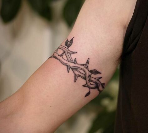 Wraparound Tattoo Barb Wire Vine Tattoo, Thorn Armband Tattoo, Vines Filler Tattoo, Plant Band Tattoo, Rose Thorn Tattoo Vines, Matching Arm Band Tattoos, Crown Of Thorns Arm Band Tattoo, Thorns Tattoo Vines, Tattoo Around Upper Arm