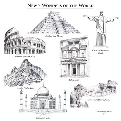 New Map: The new 7 wonders of the World | Beautiful Things Photography Wonders Of The World Drawing, Christ The Redeemer Brazil, 7 World Wonders, The World Drawing, World Drawing, 7 Wonders Of The World, Seven Wonders Of The World, World Wonders, Travel Drawing