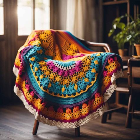 17 Mandala Blanket Crochet Patterns: Create Stunning Throws with Ease! Vibrant Crochet Blanket, Creative Crochet Blankets, Boho Crochet Patterns Blanket, Intermediate Crochet Blanket Patterns, Crochet Blanket Mandala, Cool Crochet Blanket Patterns, Crochet Mexican Blanket, Celestial Crochet Patterns, Boho Crochet Blanket Patterns Free