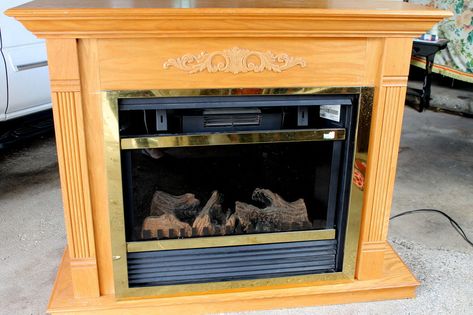 Refinished Fireplace Mantle, Adding Faux Fireplace To Living Room, Electric Fireplace Make Over, Refinish Electric Fireplace, Plug In Fireplace Makeover, Paint An Electric Fireplace, Reface Electric Fireplace, How To Make An Electric Fireplace Look Real, Old Electric Fireplace Makeover