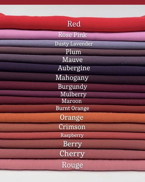 Color Names Chart, Colour Shade Card, Elegant Hijab, Color Knowledge, Color Mixing Chart, Colour Combinations Fashion, Shade Card, Chiffon Hijab, Color Combinations For Clothes