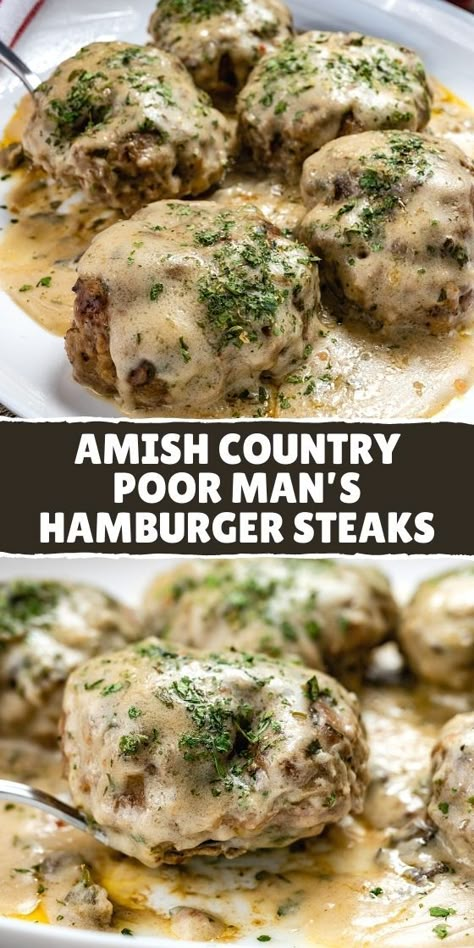 Amish Poor Mans Hamburger, Poor Man’s Steak And Gravy, Hamburger Dishes Suppers, Canning Amish Poor Mans Steak, Amish Country Poor Man’s Hamburger Steaks, Amish Country Poor Man Hamburger Steak, Amish Hamburger Steaks, Poor Man’s Hamburger Steaks, Amish Hamburger Bake