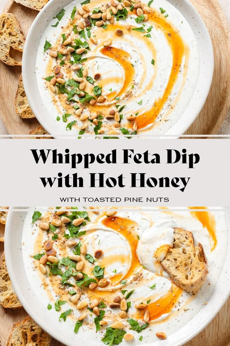 Whipped Feta And Honey Dip, Whipped Feta With Spicy Honey, Dip For Appetizers, Whipped Feta Hot Honey Crostini, Whipped Pumpkin Feta Dip, Bougie Snacks, Feta Cheese Dip, Whipped Feta Dip, Fall Appetizer