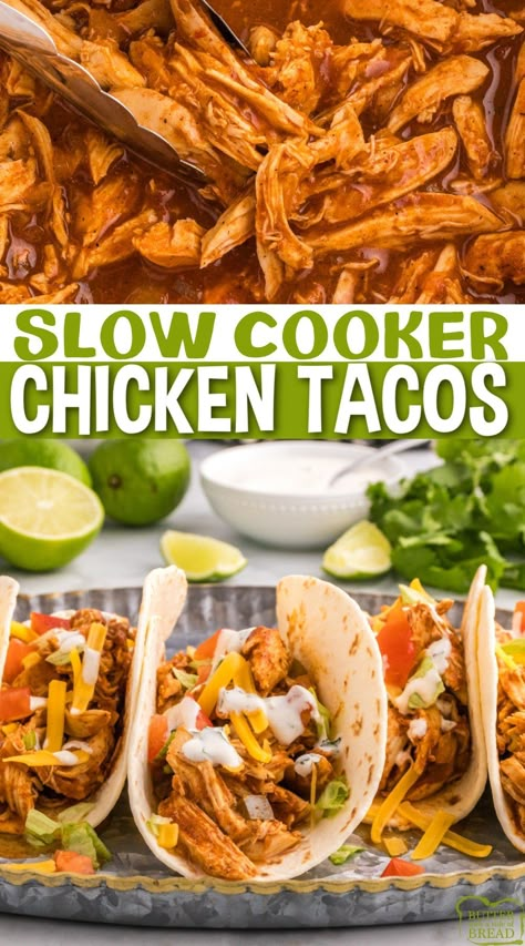 SLOW COOKER CHICKEN TACOS - Butter with a Side of Bread Awesome Supper Ideas, Crock Pot Chicken Taco Recipes Easy, Creamy Taco Chicken Crock Pot, Pulled Taco Chicken Crock Pot, Easy Slow Cooker Chicken Tacos, Chicken Tinga Crockpot Slow Cooker, Crock Pot Taco Chicken Slow Cooker, Crock Pot Chicken Tacos Cream Cheese, Crockpot Chicken Recipes Tacos