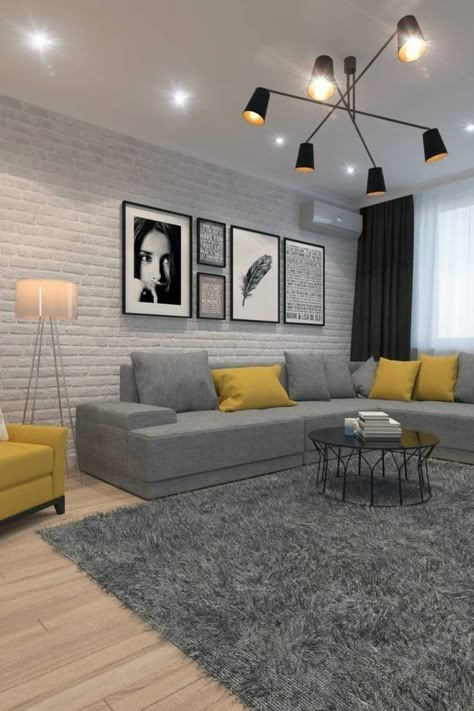 Scandinavian Livingroom, Grey Walls Living Room, Gray Living Room Design, Scandinavian Design Living Room, Style Salon, Yellow Living Room, Living Room Color Schemes, Cottage Living Rooms, Trendy Living Rooms