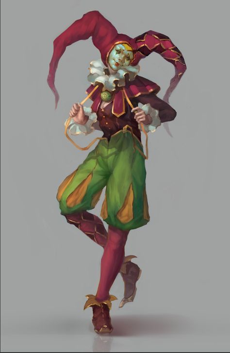 Female Court Jester, The Wild Beyond The Witchlight Artwork, Medieval Jester Character Design, Court Jester Aesthetic Outfit, Carnival Character Design, Court Jester Art, Female Jester Art, Fantasy Jester Art, Circus Character Art