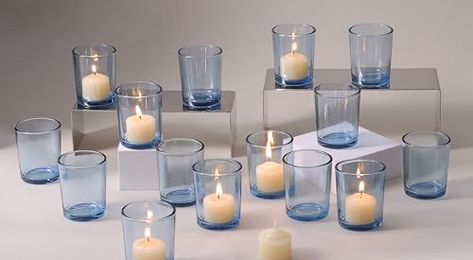 Birthday Tablescapes, Waterfront Wedding Ideas, Blue Votive Candle Holders, Candle Manufacturers, Floating Candles Wedding, Blue Wedding Centerpieces, Elegant Centerpiece, Tealight Candles, Waterfront Wedding