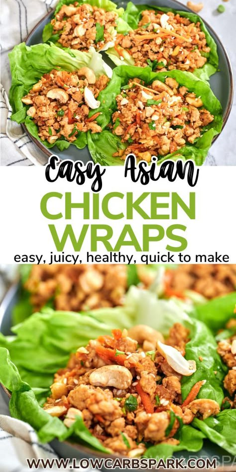 These Asian chicken lettuce wraps are full of juicy ground chicken and crunchy veggies, all wrapped in a crisp piece of lettuce. They hit the perfect balance of sweet, savory, and spicy. Plus, they’re ready in just 20 minutes. They're easy, healthy, and might just become your new favorite meal. Healthy Asian Chicken, Easy Asian Chicken, Asian Chicken Wraps, Thai Chicken Lettuce Wraps, Lettuce Wraps Healthy, Asian Chicken Lettuce Wraps, Asian Lettuce Wraps, Chicken Lettuce Wraps Recipe, Healthy Asian