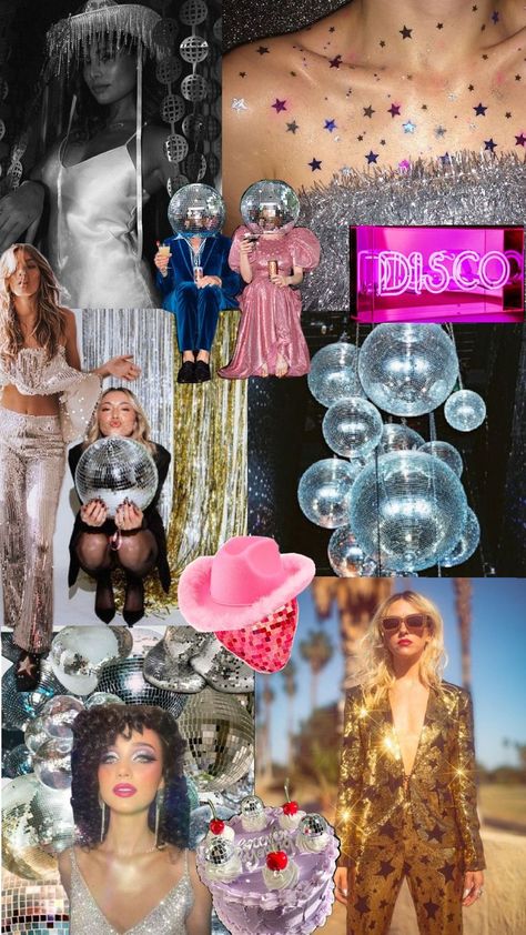 party ideas for a modern disco, glam, nye, cowgirl vibes Glam Disco Aesthetic, Groovy Glam Party, 30 Birthday Disco Theme, 40th Birthday Disco Theme, Disco Icons, Glam Disco Party, Glam Rock Party, Disco Glam Jewelry, Disco Rodeo Inspo 🪩