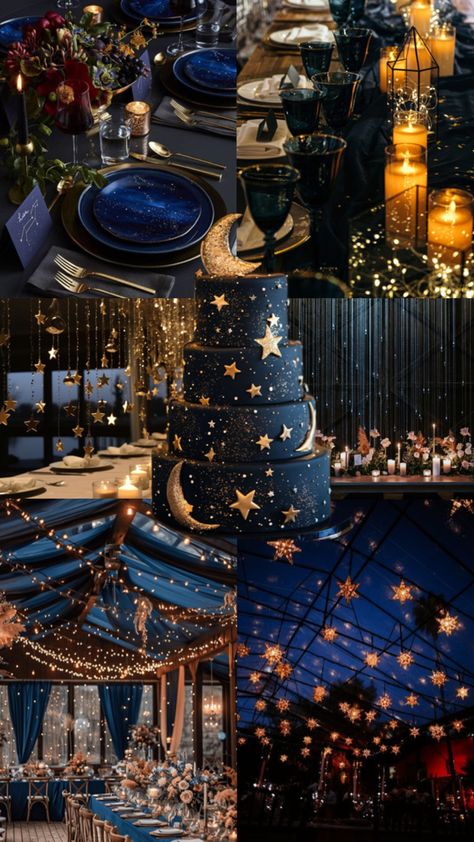 Magic Theme Wedding, Wedding Colors Midnight Blue, Into The Night Party Theme, Galaxy Wedding Reception, A Starry Night Wedding, Sun And Moon Quinceanera Theme, Twilight Wedding Theme Ideas, Night In The Stars Theme, A Night With The Stars Theme