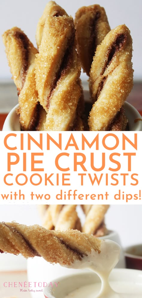 You can make the best cinnamon cookies using extra leftover pie dough, twirled into dippable cookie sticks! This easy recipe is one of the best ways to use pie crust scraps and is filled with cinnamon sugar and made with creamy vanilla icing and rich salted caramel for dipping. Make this pie crust cookie recipe with a homemade crust or a store-bought Pillsbury crust! #piecrustcookie #piecrustcookies #piedough #piecrust #cinnamon #easycookies #cookierecipe Air Fryer Pie Crust Desserts, Ready To Use Pie Crust Recipes, Recipes To Use Up Pie Crust, Food To Make With Pie Crust, Recipes Using Pillsbury Pie Dough, How To Use Frozen Pie Crust, Recipes With A Pie Crust, Dessert Recipes Handheld, Boxed Pie Crust Recipes