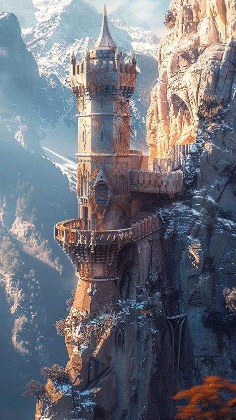 Castle Carved Into Mountain, Fantasy Tower Design, High Fantasy Inspiration, Medieval Fantasy Building Concept Art, High Fantasy Castle, Castle In A Mountain, Fantasy Mountain Castle, Fantasy Tower Concept Art, Fantasy Landmarks