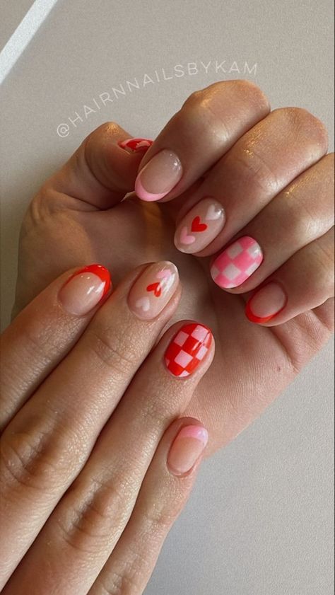 Luminary Valentine Nails, Winter Luminary Nails, Conversation Hearts Nails, Checkered Nails Short, Checkered Nail Art, Checkered Nails, Vday Nails, February Nails, Nail Designs Valentines