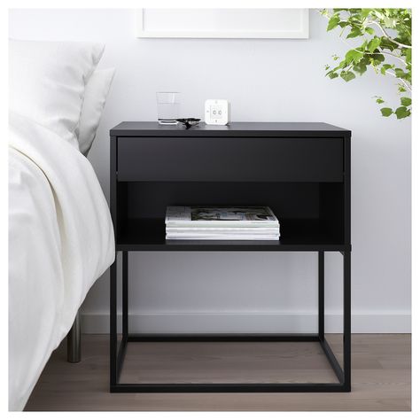 VIKHAMMER Bedside table Black 60x39 cm - IKEA Black Bedside, Black Nightstand, Black Bedside Table, Ikea Bedroom, Прикроватные Тумбочки, Traditional Bedroom Decor, Bedside Tables, Decorating On A Budget, My New Room