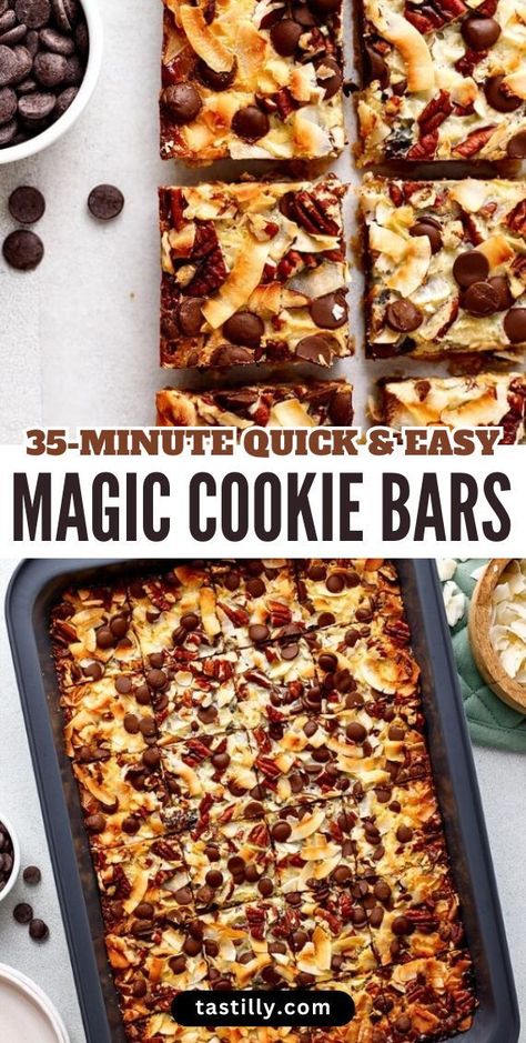 These Magic Cookie Bars are a classic dessert that everyone loves. They have a graham cracker crust, a gooey layer of sweetened condensed milk, the rich taste of chocolate morsels, sweetened flaked coconut, and crunchy toasted pecans Dessert Using Condensed Milk, 7 Layer Cookie Bars Condensed Milk, Eagle Brand Recipes Condensed Milk Magic Cookie Bars, Magic Cookie Bars Eagle Brand, New Years Dessert Ideas Easy, Desserts With Sweetened Condensed Milk, Easy Bars Recipes, Eagle Brand Magic Cookie Bars, Magic Cookie Bar