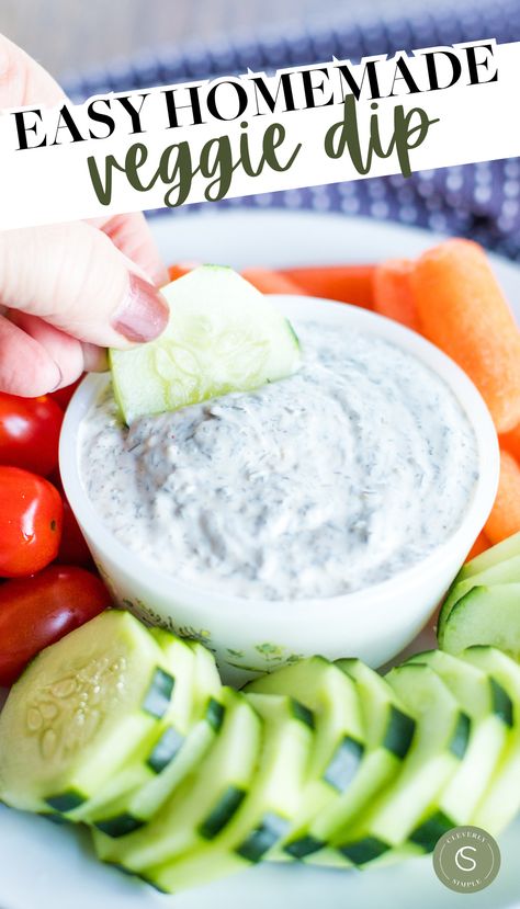 veggie dip in bowl with cucumber being dipped surrounded by other raw vegetables Veggie Dips Easy, Homemade Dips For Veggies, Best Veggie Dip Recipe, Dips For Veggies And Chips, Dips For Veggie Trays, Easy Veggie Dip Recipe, No Cheese Appetizers Dairy Free, Simple Veggie Dip, Veggie Dips Recipes