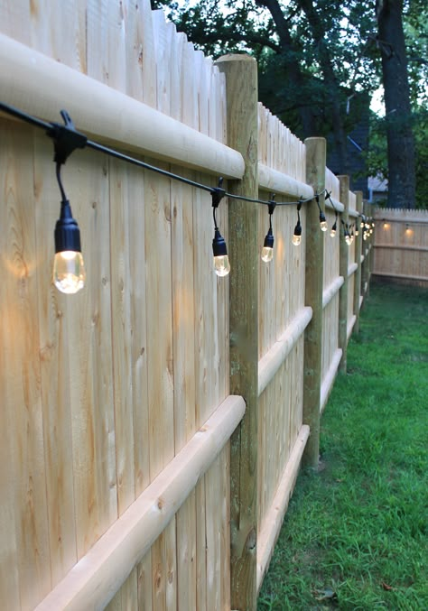 backyard cafe lights along the fence - fun idea! Cafe Lights Backyard, Pretty Cafe, Backyard Cafe, Backyard Lights, Backyard Lighting, Landscape Designs, Backyard Inspiration, Cafe Lights, Patio Makeover