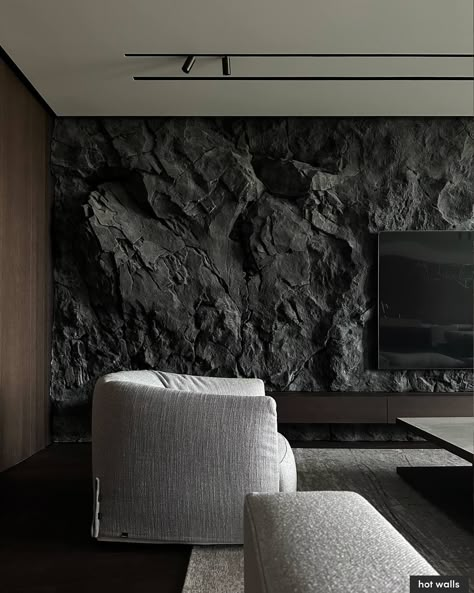 Black Stone Accent Wall, Grey Living Room Floor Ideas, Black Painted Living Room, Cement Texture Wall Interiors, Tv Unit Stone, Black Stone Wall, Drawing Room Furniture, Stone Walls Interior, Door Design Photos