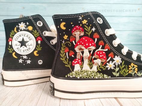 Embroidered Converse Mushroom and Frog, Converse High Tops Chuck Taylor Embroidered Frog & Mushroom, Mushrooms Embroidered Converse Custom - Etsy Wedding Ideas Light Blue, Converse Mushroom, Embroidered Frog, Shoe Embroidery, Custom Converse Shoes, Converse Embroidery, Converse 1970s, Embroidered Converse, Tie Sneakers