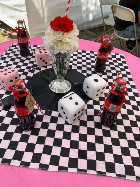 50s Birthday Party Theme 1950s Table Decorations, Grease Quinceanera Ideas, Rockabilly Theme Party, 50 Theme Party Ideas 50s Diner, 50s Hoco Theme, 50s Sock Hop Party Table Ideas, Greaser Party Theme, Greaser Birthdays, 1950s Dance Party