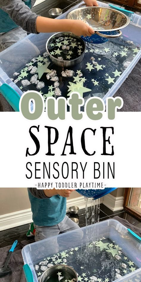 Night And Day Sensory Bin, Sensory Star Activities, Outer Space Activities For Infants, Night Sky Sensory Bin, Preschool Space Art Activities, Outer Space Preschool Activities Learning, Science Themed Sensory Bin, Space Water Play, Space And Sky Preschool