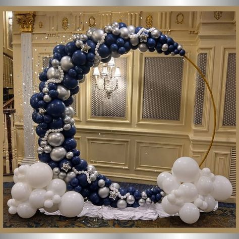 Balloon Artists | This work made me very nervous during the installation, moon theme for a sweet 16 | Facebook Crescent Moon Balloon Arch, Love You To The Moon And Back Dance Theme, Under The Night Sky Theme, Navy Sweet 16, Dark Blue Sweet 16, Starry Night Sweet 16, Moon Party Ideas, Blue Sweet 16, Moon Balloon