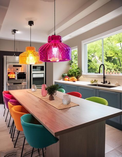 Kitchen Ideas Pop Of Color, Bright House Design, Kitchen Interior Colorful, Colourful Kitchen Diner Ideas, Art Kitchen Design, Colorful Interior Decor, Colourful Kitchen Decor, Colorful House Ideas, Bright Colour Kitchen