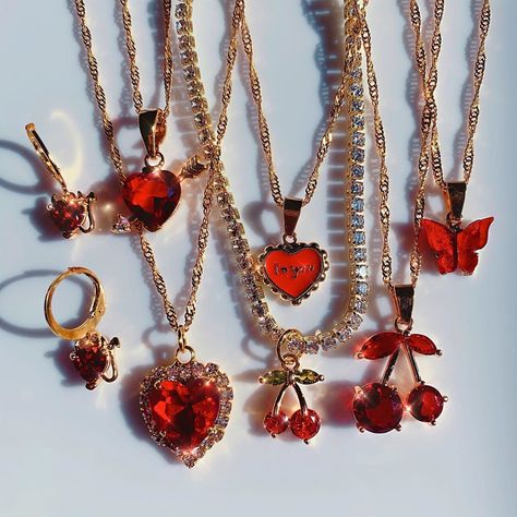 Red Aesthetic Jewelry, Red Girly Things, Heart Jewelry Aesthetic, Gold And Red Jewelry, Red Jewerly, Red Aesthetics, Red Items, Red Theme, Fruit Jewelry