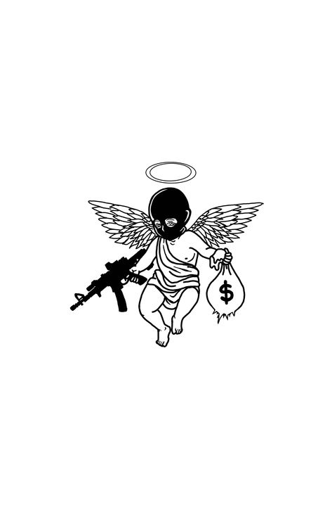 Tattoos For Motorcycle Riders, Angle With Ak47 Tattoo, Thug Angel Tattoo, Tattoo Designs Money, Mens Tattoo Designs Drawing, Dollar Tattoo Design, Tattoo Ideas Money, Angel With Ak Tattoo, Gangsta Cartoon