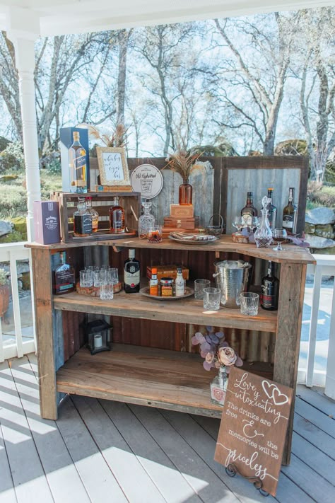 Outdoor Corner Bar Ideas, Rustic Wedding Snack Bar Ideas, Self Serve Bar At Wedding, Self Serving Bar Wedding, Self Service Wedding Bar, Open Bar Wedding Ideas, Wedding Bar Self Serve, Diy Bar For Wedding, Self Serve Bar Wedding