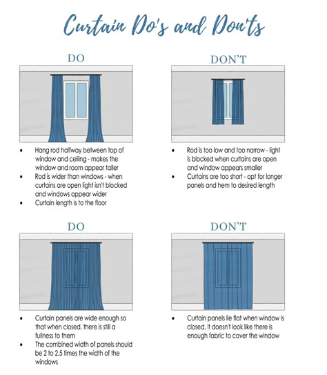 curtain hanging tips and tricks, how to hang curtains, curtain length, rod mounting height, curtain width, curtain fullness, curtain rules, curtain guidelines, drapery hanging tips and tricks, how to hang drapery, drapery mounting height, drapery length, drapery width, drapery fullness, drapery rules, drapery guidelines Curtain Length Guide, How To Hang Curtains, Short Window Curtains, Interior Design Secrets, Hanging Curtain Rods, Curtains Pictures, Hang Curtains, Wide Curtains, How To Crochet For Beginners