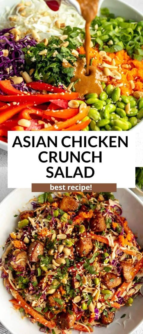 This asian chicken crunch salad is easy to make, high protein, gluten free and perfect for a simple meal prep lunch recipe. This chicken crunch salad has a simple peanut dressing and is so healthy and flavorful with edamame, veggies and sesame chicken. Simple Meal Prep Lunch, High Protein Gluten Free, Simple Meal Prep, Crunch Salad, Peanut Dressing, Meal Prep Lunch, Prep Lunch, Healthy Bowls, High Protein Meals