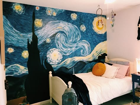 starry night wall -katie st. laurent🌼✨🌞🌎🌻 vsco: katiesaintl Starry Night Mural Bedrooms, Starry Night Parking Spot, Starry Night Painting On Wall, Starry Night Wall Painting, Starry Night Mural, Starry Night Room Decor, Bedroom Mural Ideas Paint, Starry Night Room, Starry Night Bedroom