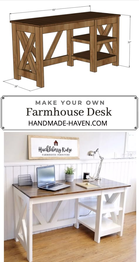 Farmhouse Desk Plans, Wood Desk Plans, Diy Farmhouse Desk, Diy Wood Desk, Diy Office Desk, Diy Desk Plans, Office Farmhouse, Nifty Crafts, Farmhouse Desk