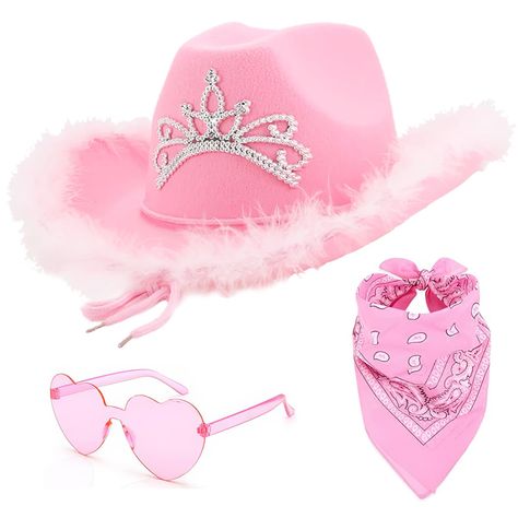 PRICES MAY VARY. Hand Wash Only 3 PCS Pink Cowgirl Accessories - 1 pcs pink cowgirl hat with tiara crown + 1 pcs pink heart shaped sunglass + 1 pcs pink bandanas. Add a perfect finishing touch for your western-themed shindig with this stylish pink cowboy hat. Premium Feathers Cowgirl Hat: This cowgirl hat pink features a turned-up style brim with rhinestones tiara crown and fluffy feathers trim. Lightweight, and comfortable, stylish and beautiful, is a must-have accessory for every cowgirl! Pink Pink Cowgirl Costume, Pink Cowgirl Hat, Cowgirl Christmas, Pink Cowboy Hat, Pink Cowboy, Cowgirl Accessories, Rodeo Birthday, Pink Costume, Cowgirl Costume