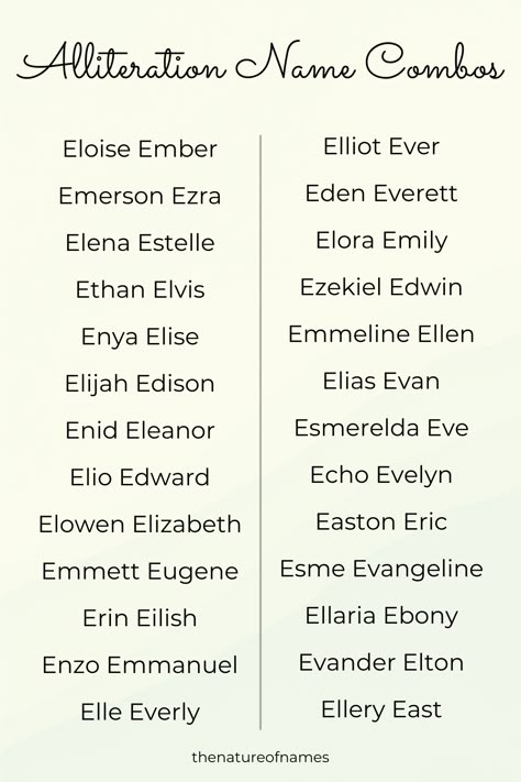 Looking for a first and middle name combo with alliteration? These names starting with E are excellent options!
#alliterationnames #names #babynames #characternames #enames #namesstartingwithe Gender Neutral Baby Names, Neutral Baby Names, Names Starting With S, First And Middle Names, Charlotte Emily, Oc Name, Oc Names, Boy Girl Names