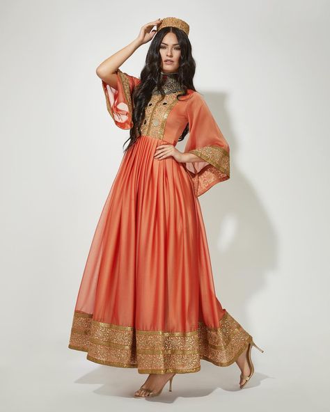 Look - 3 #spring #2019 Persian Dress, Afghan Wedding Dress, Moroccan Dresses, Afghani Dress, Afghani Dresses, Afghan Style, Afghani Clothes, Afghan Dress, Shade Of Orange