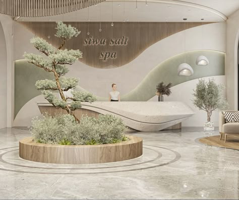 siwa salt spa reception design Reception Hospital Interior Design, Zen Reception Area, Cnc Interior Design, Reception Ideas Office, Reception Office Ideas, Spa Retail Display Ideas, Reception Design Interior, Wellness Center Design Interiors, Spa Counter