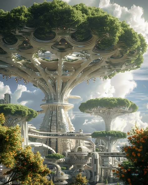 Nature Magic Art, Futuristic Village, Alien Cities, Utopia World, Futuristic City Utopia, Futuristic Landscape, Future Earth, Sci Fi Architecture, Solar Punk