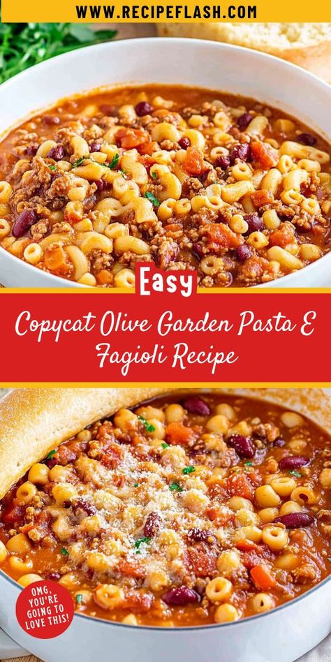 Warm up with this delicious Copycat Olive Garden Pasta E Fagioli Recipe! Packed with hearty beans, tender pasta, and rich Italian flavors, this comforting soup is perfect for chilly nights. Serve it with a slice of crusty bread for a satisfying meal that everyone will love. Pasta Fajole Recipe, Pasta De Figoli Soup, Italian Pasta Soup Recipes, Pasta Fasul Recipe, Pasta Soup Recipes Healthy, Copycat Olive Garden Pasta Fagioli, Easy Pasta Fagioli Soup, Pasta Fagioli Soup Olive Garden, Copycat Olive Garden Pasta