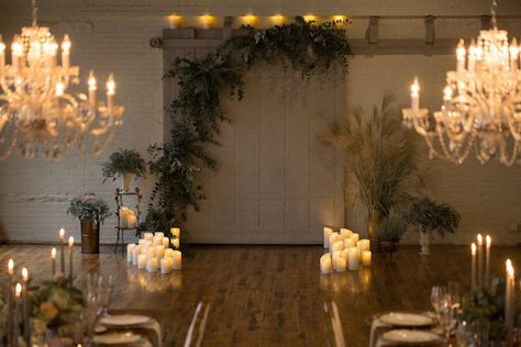 Greenery wedding ceremony decor - romantic ceremony altar idea with candles + greenery backdrop {The Event Light Pros} Fairy Wedding Decor, Backdrop Greenery, Dahlia Farm, Hotel Wedding Ceremony, Ceremony Arch Decor, Candle Theme, Moody Tropical, Wedding Fireplace, Vintage Wedding Reception