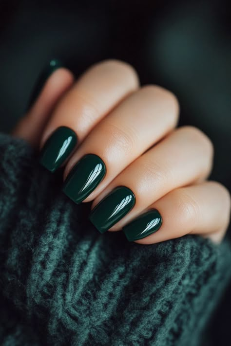 13 Stunning Dark Green Nails Perfect For Any Season Dark Forest Green French Tip Nails, Emerald Green Nail Designs Short, Bridesmaid Nails Emerald Green, Fall Nails 2024 Green, Dark Green Squoval Nails, Dark Nail Inspo Short, Dark Shade Nails, Deep Forest Green Nails, Emerald Green Nails Acrylic Short