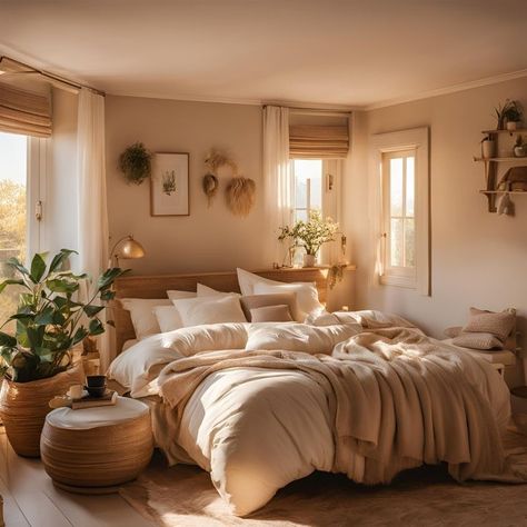 Sand Colored Bedroom, Creme Bedroom Aesthetic, Cream Color Room Ideas Bedrooms, Beige Bed Bedroom Ideas, Cozy Cream Bedroom, Beige And Wood Bedroom, Beige Color Room, Beige Walls Bedroom Colour Palettes, Beige Aesthetic Bedroom Ideas