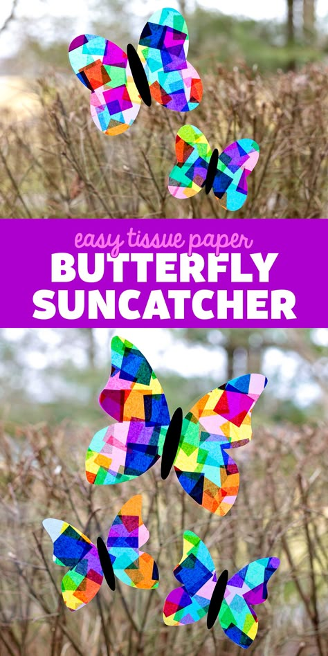 Tissue Paper Butterfly Suncatchers on a Window Easy Suncatchers, New Beginnings Crafts For Kids, Spring Easy Crafts, Crafts With Transparency Sheets, Butterfly Kindergarten Craft, Crafts With Contact Paper, Butterfly Crafts For Preschoolers, Easy Butterfly Crafts For Kids, Contact Paper Art