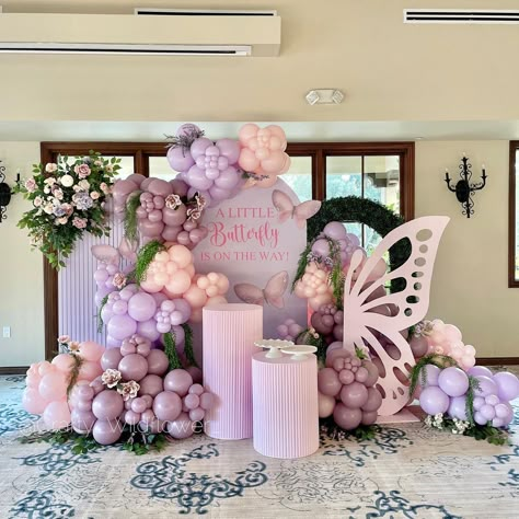 A little butterfly is on the way!✨🎀🦋 • • Entire set up done by us!✨ @crafty_wildflower_ #babygirl #babyshowerdecor #babyshower… | Instagram Butterfly Balloon Backdrop, Butterfly Theme 1st Birthday Party, Themes For 1st Birthday Girl, A Little Butterfly Is On Her Way Theme, Butterfly Themed Birthday Party Backdrop, Purple Baby Shower Ideas Decoration, A Little Butterfly Is On Her Way, Butterfly Backdrop Ideas, Butterfly Theme Baby Shower Ideas