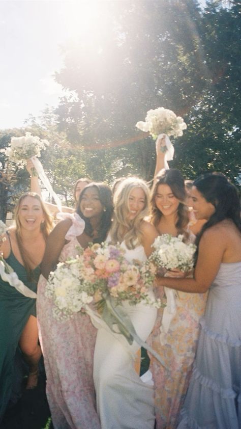 Bridesmaid pictures -  #Bridesmaid #Pictures Check more at https://ifoundaideas.com/wedding/bridesmaid-pictures-6/ Different Color Bridemaid Dresses, Aesthetic Summer Wedding, Wedding Different Bridesmaid Dresses, Wedding Aesthetic Summer, Four Bridesmaids Pictures, Picture With Bridesmaids, Bridesmaids With Bride, Brides With Bridesmaids Pictures, Bridal Party Pose Ideas