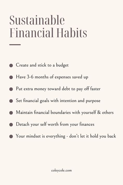 Creating sustainable financial habits will carry you far, especially in times of financial setbacks or instability. Having a support system and safety cushion to fall back on when times get tough is extremely vital to your financial health. It prevents you from falling back into old patterns or habits that are bad for your finances, such as putting everything on a credit card you can't pay off. These habits are the foundation upon which your financial future is built, so make sure it's strong. Financially Comfortable, Financial Learning, Financial Stewardship, Financial Intelligence, Money Management Activities, Financial Counseling, Saving Money Chart, Financial Habits, Money Chart