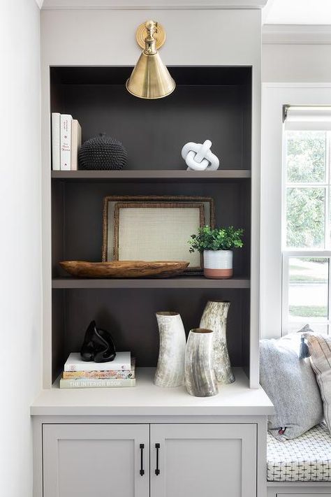 Pink And Grey Wallpaper, Tan Living Room, White Built Ins, Black Painted Walls, Living Room New York, Built In Shelves Living Room, White Sectional, Living Room Built Ins, White Bookshelves