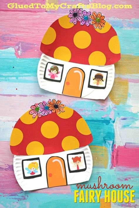 Paper Plate Mushroom Fairy House - Kid Craft - Spring Themed Art Project For Children - Free Printable Templates Included! Fairytale Craft Ideas, Fairy Arts And Crafts, Fun Crafts For Kindergarten, Fairytale Themed Crafts, Fairytale Art For Toddlers, Fairytale Art Preschool Craft Ideas, Fairytale Art For Preschool, Magic Crafts For Toddlers, Spring Paper Plate Crafts